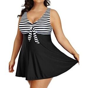 DACI 2pc Swimdress Top + Tummy Control Boyshorts Black White Stripe Size 30W